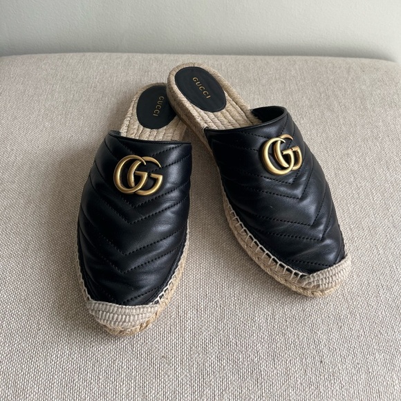 AUTH GUCCI Nappa Matelasse Marmont Espadrille Mules Size 38 - Picture 1 of 8
